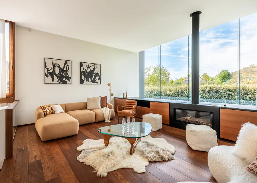 Villa Picasso — salon met open haard en Picasso-stijl kunstwerken